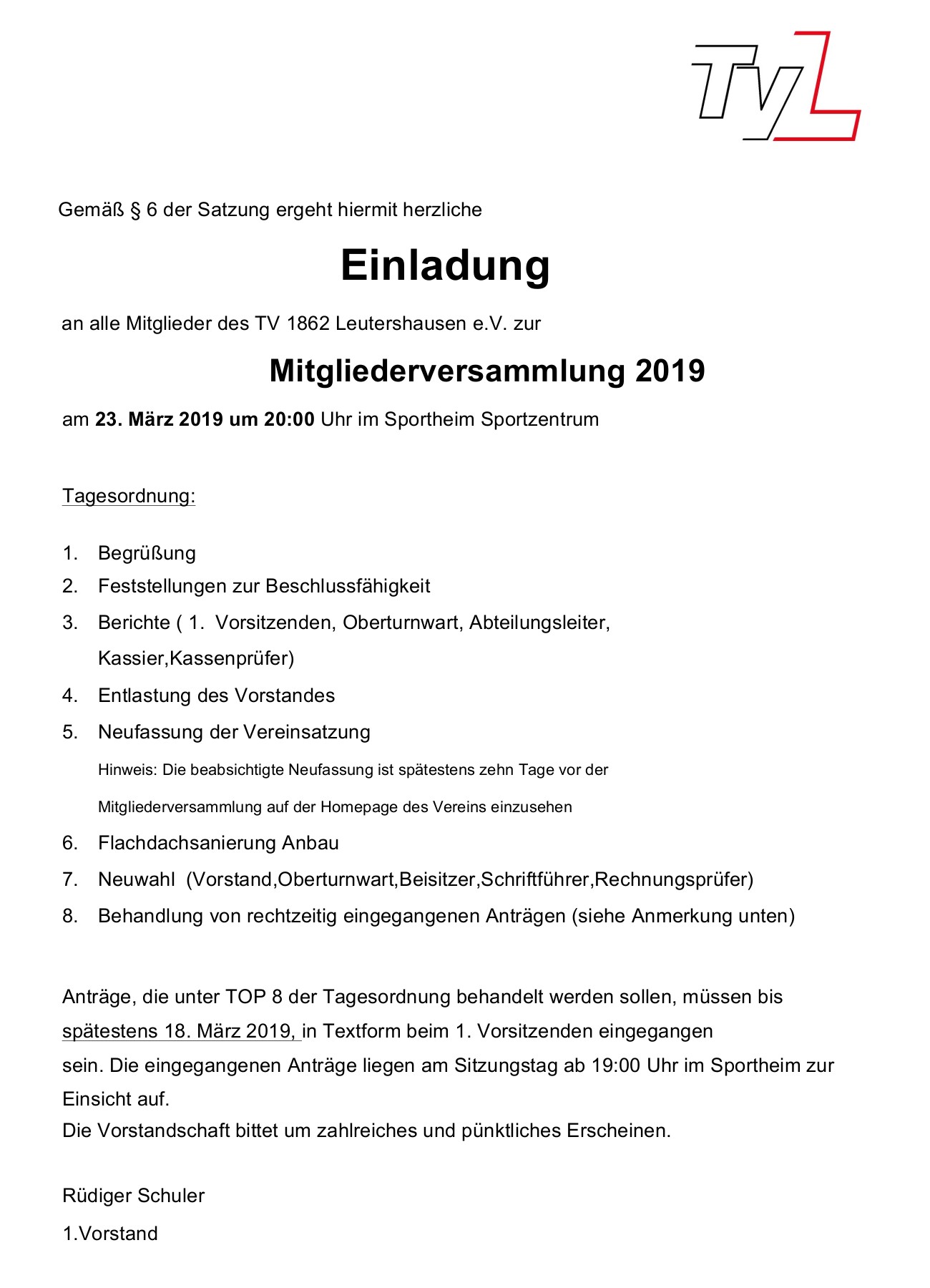 Einladung HV TVL 2019